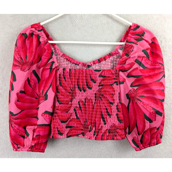 HT 360 Collective sz XS Cropped Smocked puff Sleeve Blouse pinks bananas 1651 - Picture 2 of 4